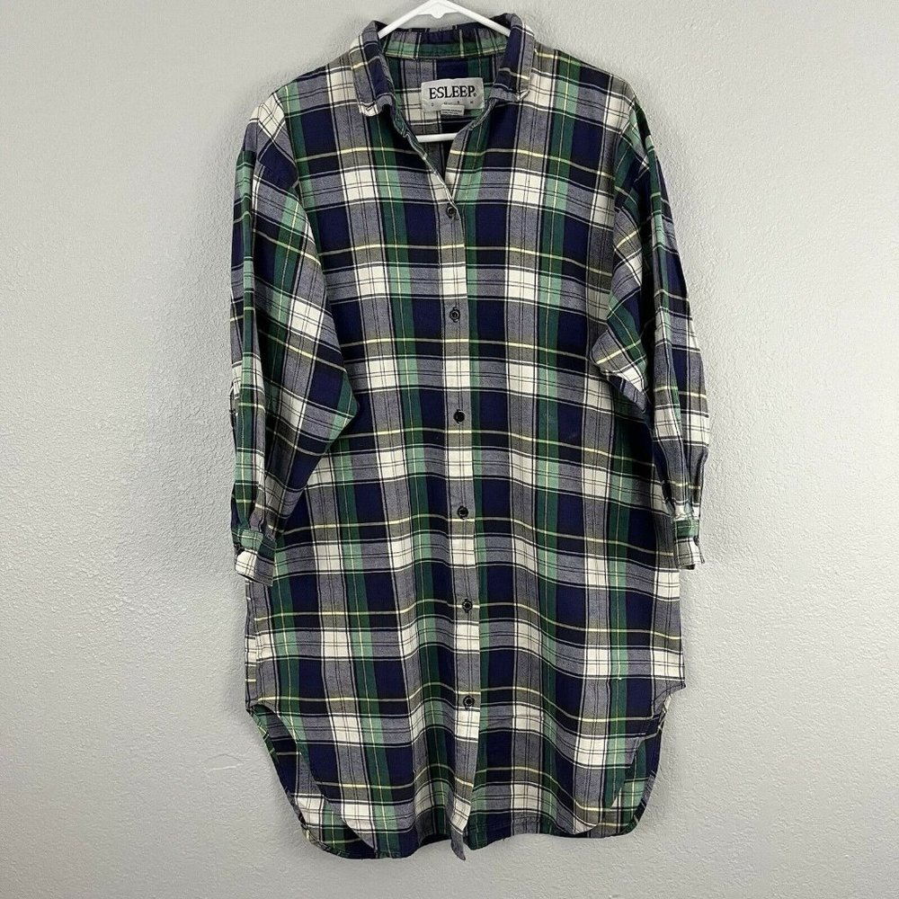 Vintage Esleep Dorm LS blue green and white plaid button down sleep shirt Sz OS